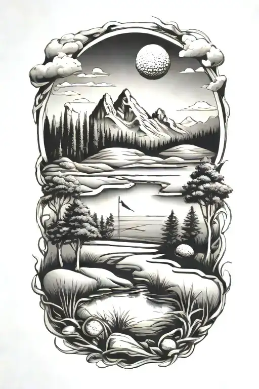 golf landscape tattoo featuring iconic symbols tattoo design idea