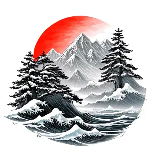 black and white japanese-art, snowy mountains with pine trees, ocean waves with red sun  tattoo design idea