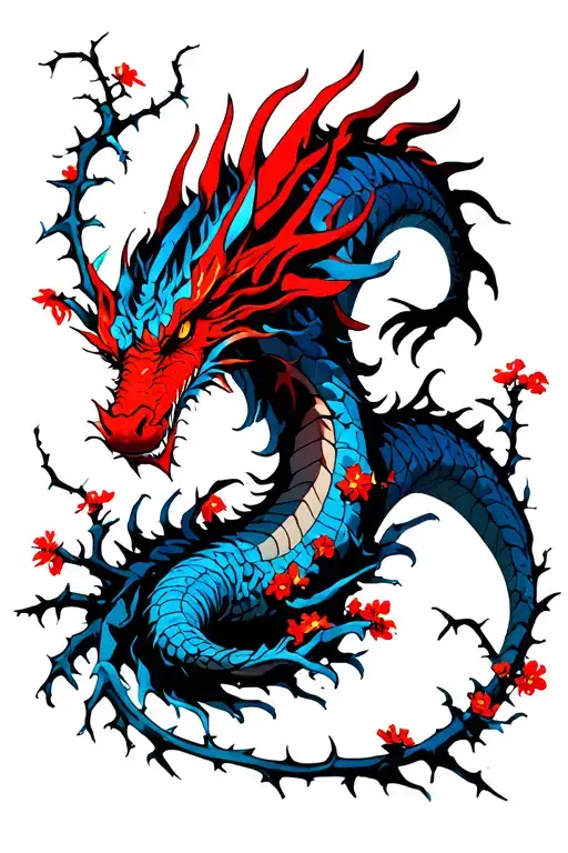 blue and red dragon ripping through thick thorny vines with tiny red flowers blooming throughout tattoo design idea
