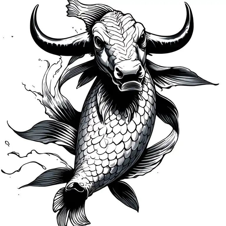 jumping koi fish Body with bull head only black White tattoo design idea
