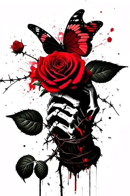 butterfly resting on rose, rose being held by skeleton hand, wrapped in barbed wire tattoo design idea