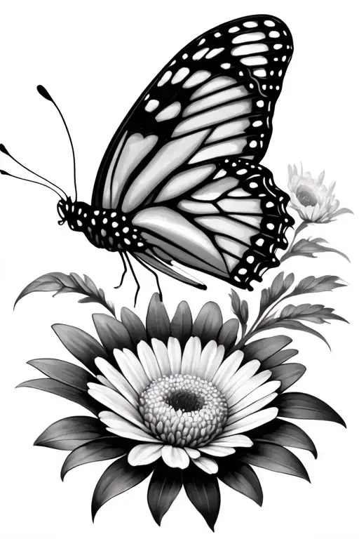 butterfly and aster flower blooming tattoo design idea