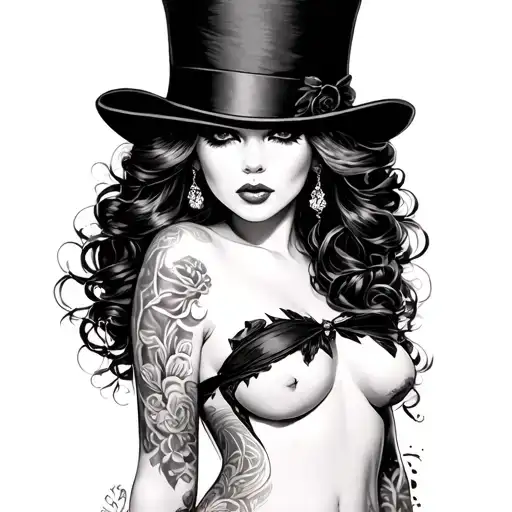 sexy girl in top hat hanging tattoo design idea