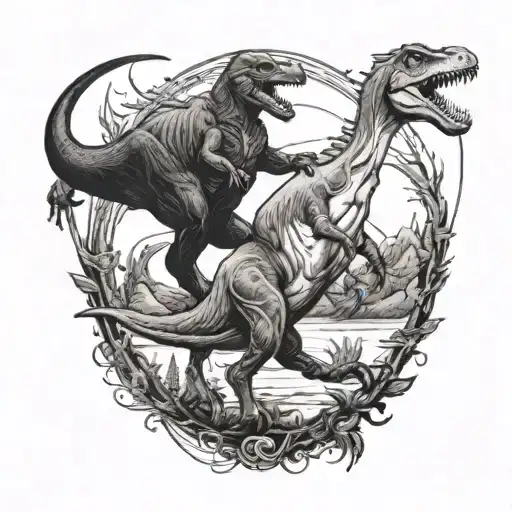 penguin and t rex, t rex pulling penguin with a role tattoo design idea