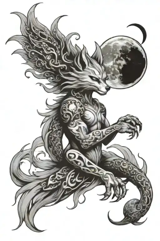 nine-tailed fox demon holding a mask with a phoenix painted on it, with the moon and stars in the background tattoo design idea