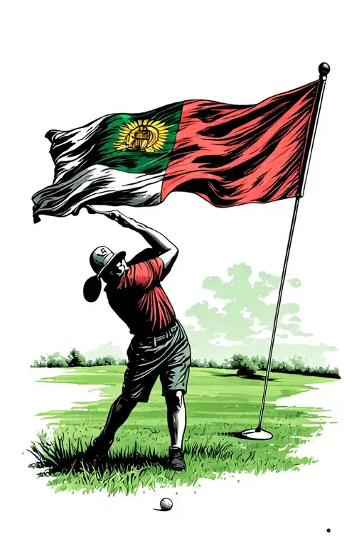 golf green with flag waving tattoo design idea
