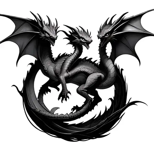 Three small fantasy dragons flying in a soft circle. Minimalist black ink sketch, clean lines, tattoo design style, no b tattoo design idea