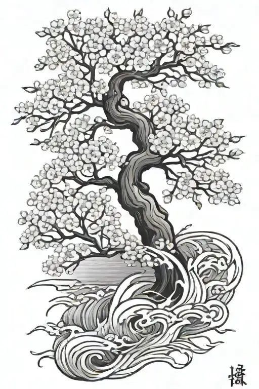 A complete arm is used as a hand wrap for riding waves under the cherry blossom tree. tattoo design idea