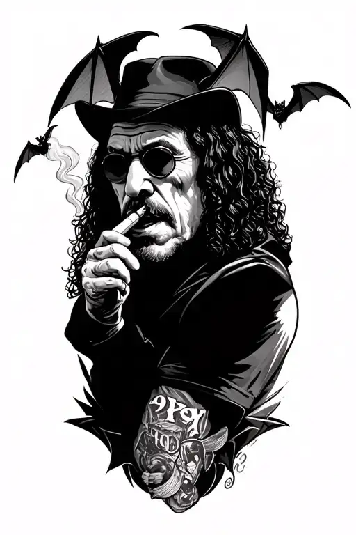 bats flying around ozzy osborne while smoking a blunt tattoo design idea