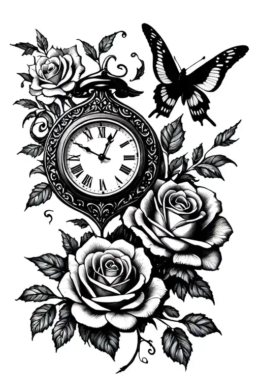 Roses, with a butterfly and bird flying, with a heartshaped clock tattoo design idea