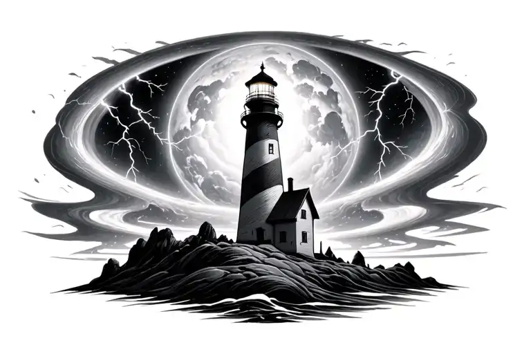lighthouse, black hole, planet, lightning, storm tattoo design idea