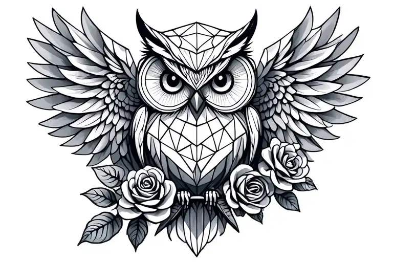geometric owl with wings and roses  tattoo design idea