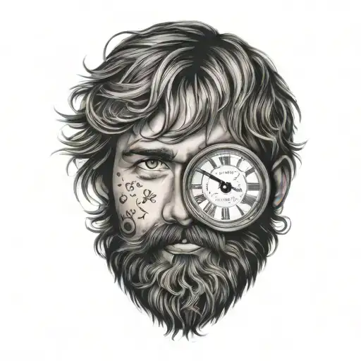 roman numeral clock and a bearded man tattoo design idea