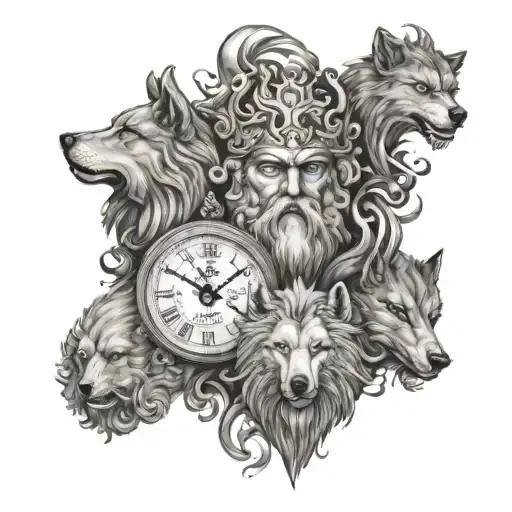 zeus y poseidon and wolf face and clock tattoo design idea