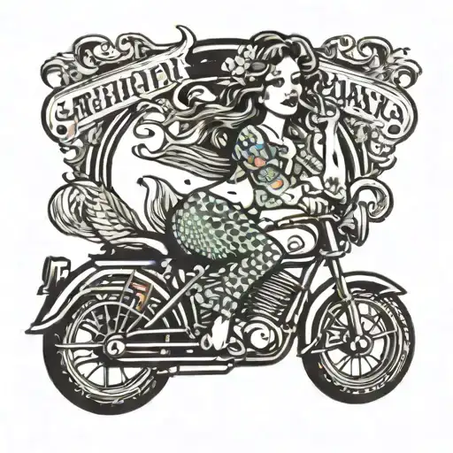 A traditional tattoo of a mermaid smoking a joint while riding a motorcycle tattoo design idea