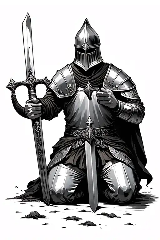kneeling Templar knight holding his sword in the ground  tattoo design idea
