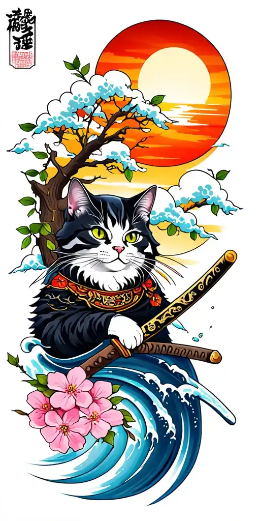 samurai cat with katana, water, wave, whirpool, clouds, branches, leaves, sakura flowers, tree, sunset, splash tattoo design idea