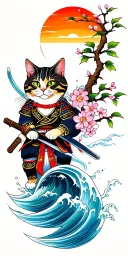 samurai cat with katana, water, wave, whirpool, clouds, branches, leaves, sakura flowers, tree, sunset, splash tattoo design idea