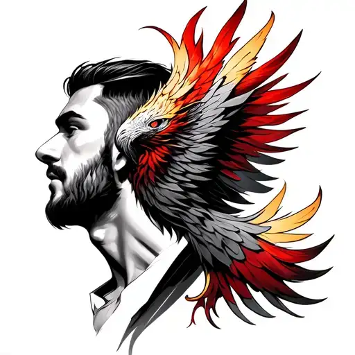 smaller realistic phoenix tattoo on the right side of a man's neck, black and gray with red and golden highlights, detai tattoo design idea