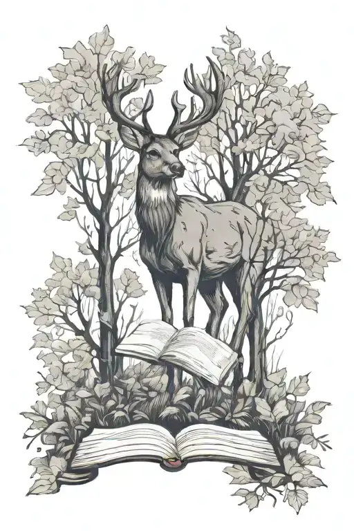 deer in autumn with book leaning up against tree tattoo design idea