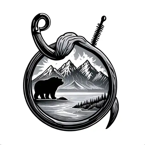Alaska tatoo with the image inside of a fising hook. Include a bear, mountains, state outline , northern lights, alaska  tattoo design idea