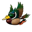 wooden carved mallard duck flying tattoo design idea