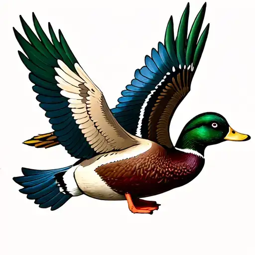 wooden carved mallard duck flying tattoo design idea
