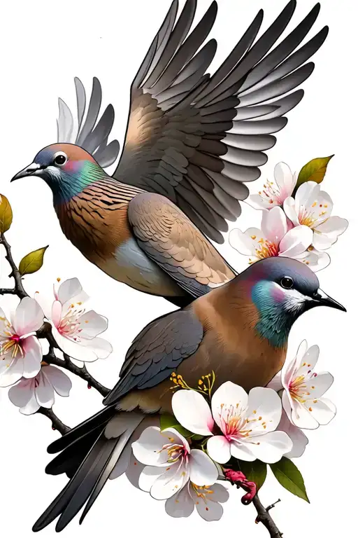 cherry blossom flowers with mourning dove flying tattoo design idea
