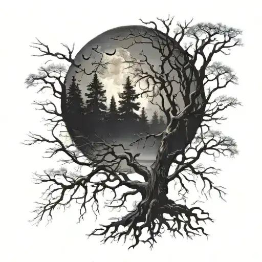 Dark forest with trees and moon. In the middle there is a tree with a face, its roots go into the ground, there are thea tattoo design idea