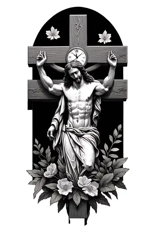 Jesus Christ cross wrapped with nature and clock embedded tattoo design idea