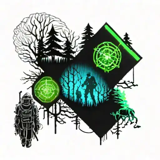 A Dungeons and Daddies themed tattoo featuring a group of adventurers hiking through a misty forest tattoo design idea