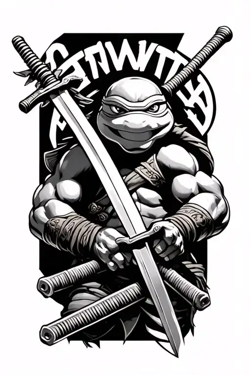 TMNT katana with nunchucks and two masks wrapped around it tattoo design idea