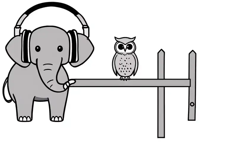 elephant and owl at playground both with headphones  tattoo design idea