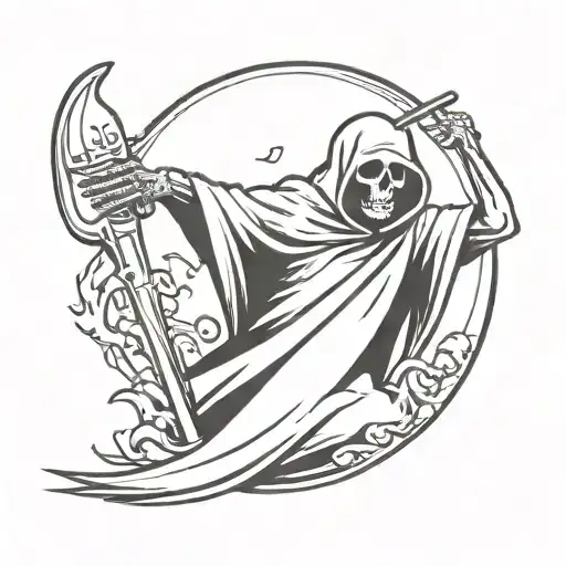 grim reaper standing facing to left with a bowling pin in background and the letter P on one side with letter R in other tattoo design idea