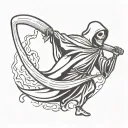 grim reaper standing facing to left with a bowling pin in background and the letter P on one side with letter R in other tattoo design idea