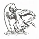 grim reaper standing facing to left with a bowling pin in background and the letter P on one side with letter R in other tattoo design idea