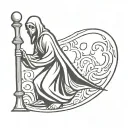 grim reaper standing facing to left with a bowling pin in background and the letter P on one side with letter R in other tattoo design idea