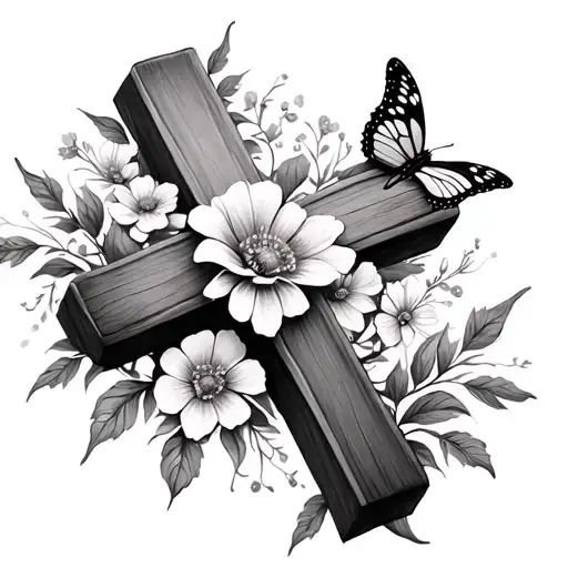 a cross with flowers and butterflies tattoo design idea