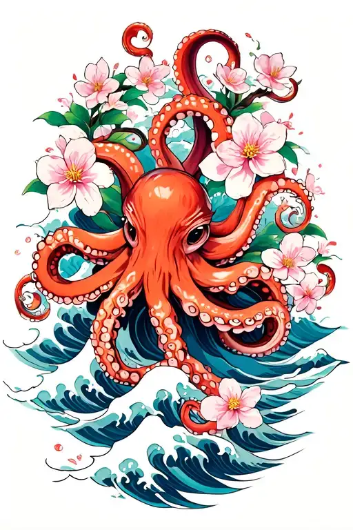 japaense water waves that have octopus tentacles wrapped around, cherry blossoms scattered around  tattoo design idea
