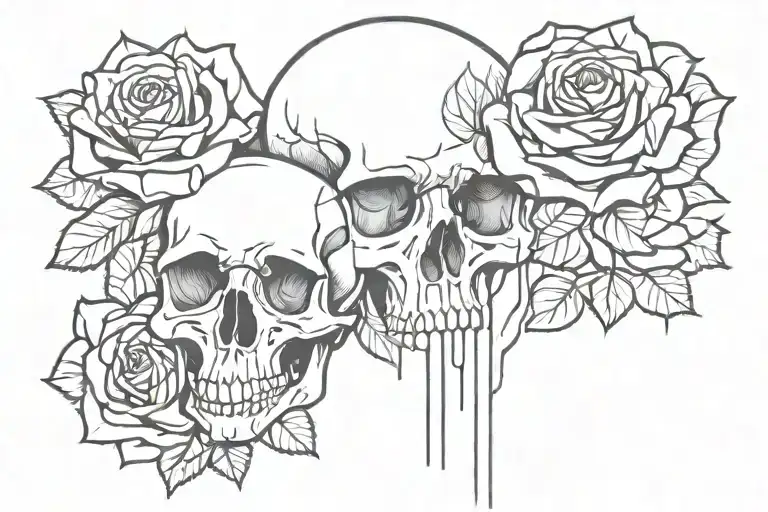 skull and rose fine line art tattoo design idea