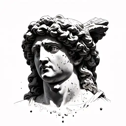 “A deeply symbolic design inspired by ancient Roman statues—weathered, crumbling, yet enduring. The figure, carved with  tattoo design idea