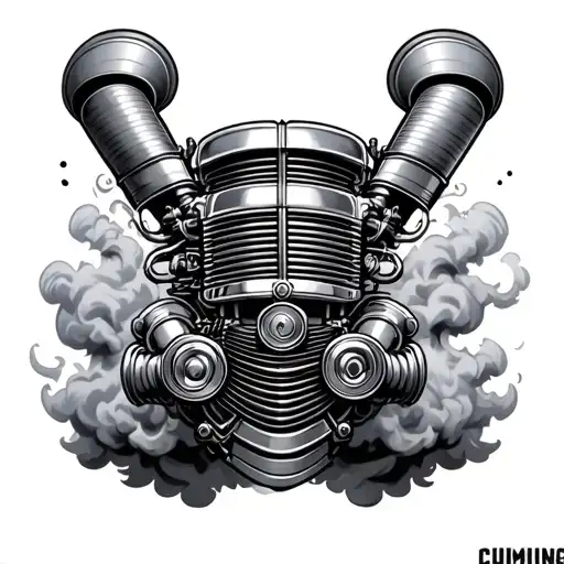 Cummings engine with twin turbos and stacks blowing smoke tattoo design idea