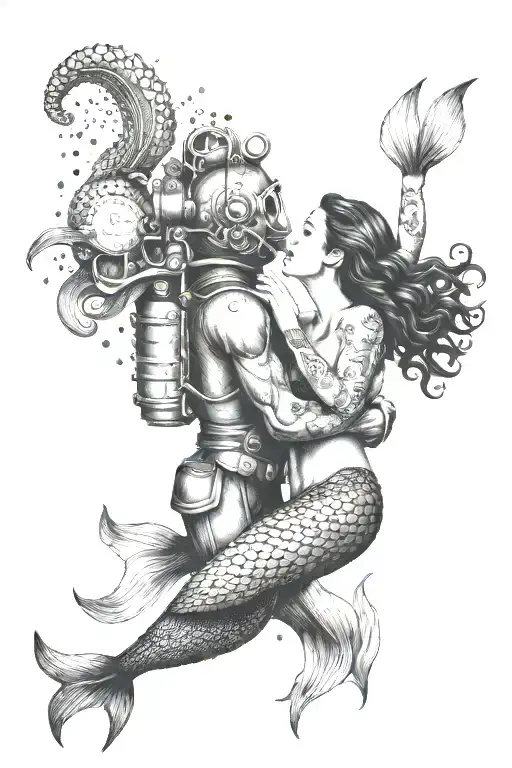 old fashioned scuba diver, kissing mermaid swimming tattoo design idea