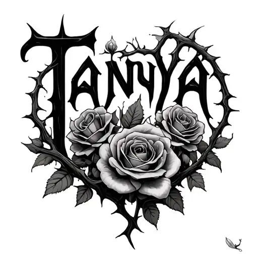 thorny vines that spell out Tanya while ripping through the skin with small roses that are growing on top of the letters tattoo design idea