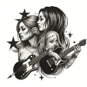 A tattoo of two female best friends under a sky full of shooting stars with music notes tattoo design idea