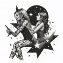 A tattoo of two female best friends under a sky full of shooting stars with music notes tattoo design idea