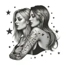 A tattoo of two female best friends under a sky full of shooting stars with music notes tattoo design idea
