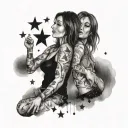 A tattoo of two female best friends under a sky full of shooting stars with music notes tattoo design idea