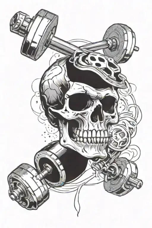 A barbell morphing into a gun with a skull in the center tattoo design idea