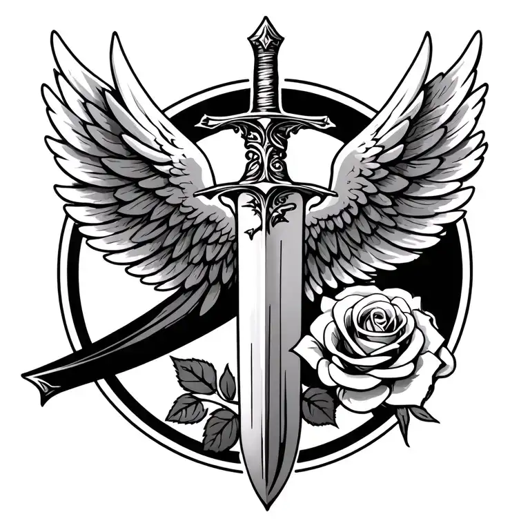 I would like a sword with wings, so that the wings would be on the blades at the top of the sword, so that there would be a rose and instead of a blade, there would be a straight edge tattoo design idea